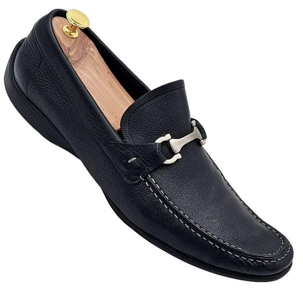 Salvatore Ferragamo Men's 11 Black Leather Italy Dress Shoes Gancini Bit Loafers